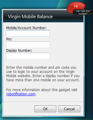 Options for virgin mobile gadget in vista sidebar